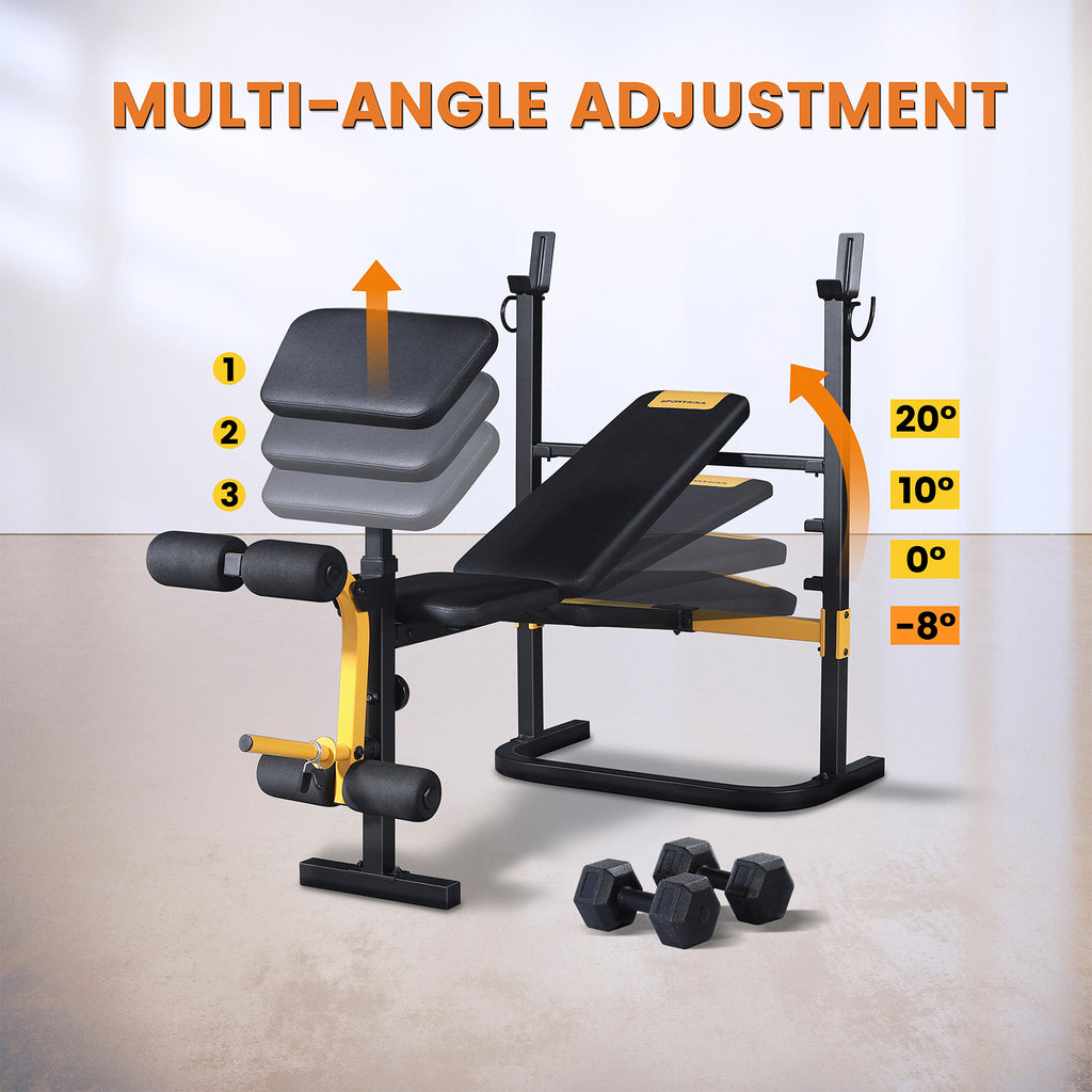 SPORTSOUL Banc d'haltérophilie réglable avec développateur de jambes et rangement pliable, convient aux barres de 6' et 7', équipement de gym pour la maison et le commercial