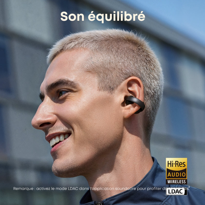 soundcore AeroClip, Écouteurs Bluetooth à oreille ouverte, Confort toute la journée, 4 microphones à IA, Maintien sûr, Transducteur 12 mm, Audio haute résolution, Conception en anneau ouvert