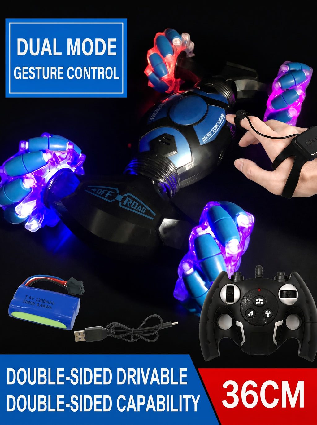 4x4 voiture RC 2,4G gestuelle double commande, retournement 360°, LED & musique, jouet tout-terrain, Une Pièce en Bleu