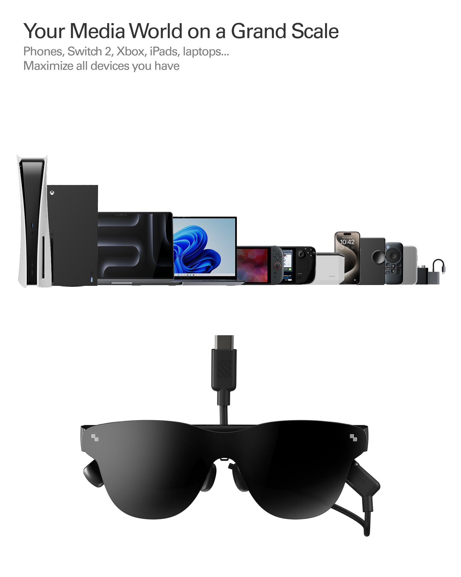 RayNeo Air 4 Pro, lunettes AR/XR 3D pour films et jeux, écran HDR10, puce Vision 4000, cinéma virtuel 201-pouces, compatibles iPhone 17, 16, 15 / Android / Switch 2 / Mac / Steam Deck / PS4 / PS5