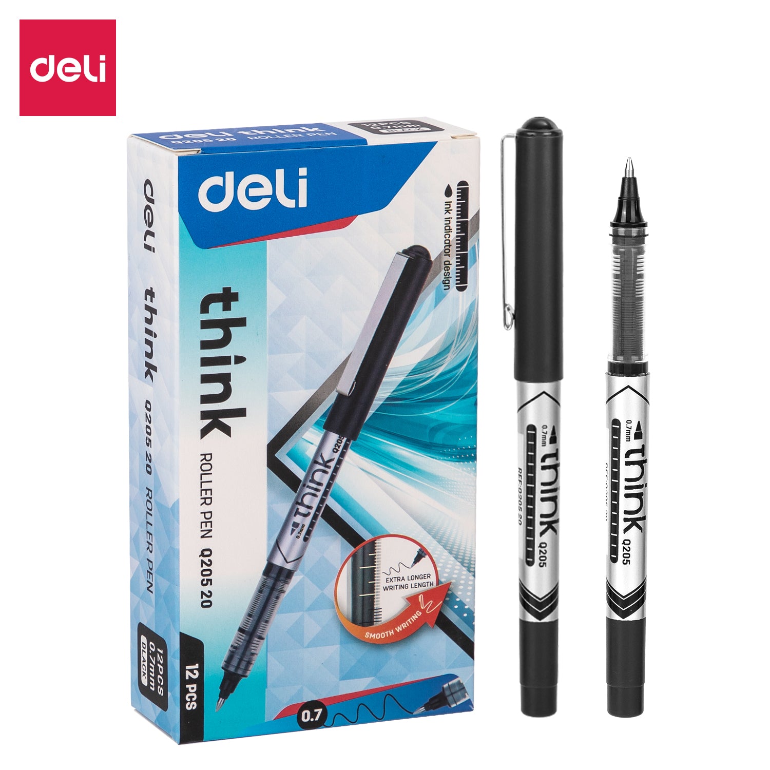 Deli Lot de 12 stylos noirs à encre gélifiée avec pointe de 0,7 mm