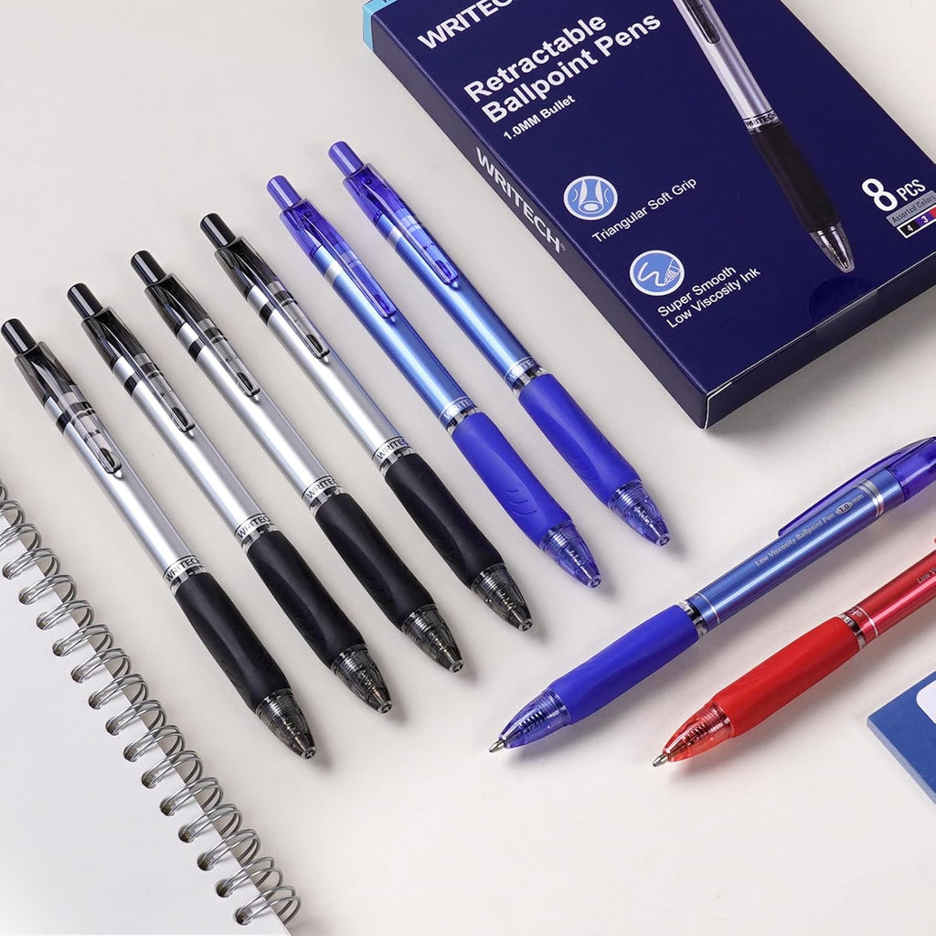 WRITECH Lot de 8 stylos à bille rétractables, pointe moyenne 1,0 mm, encre noire, bleue et rouge, écriture fluide, encre à faible viscosité