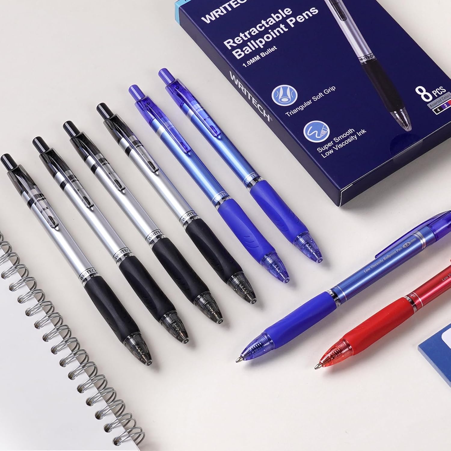 WRITECH Lot de 8 stylos à bille rétractables, pointe moyenne 1,0 mm, encre noire, bleue et rouge, écriture fluide, encre à faible viscosité