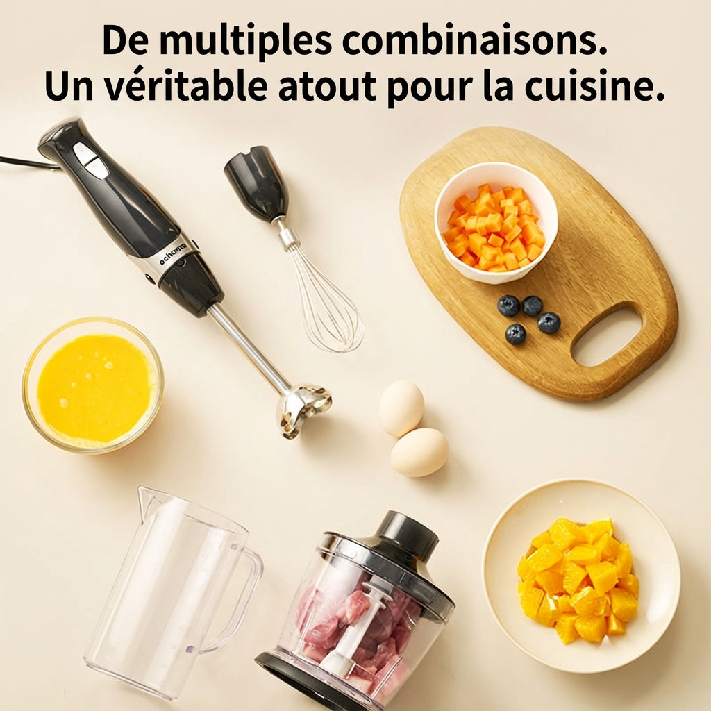ochama Mixeur Plongeant 600W, 4-en-1 avec Fouet, Hachoir, 2 Vitesses, Monte Œufs et Crème, Nourriture Bébé, Soupe, Purées, Amovible et Facile à Nettoyer, Bol 500ml + Gobelet Doseur 800ml
