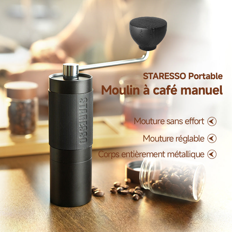 STARESSO Moulin à café manuel capacité 20 g avec meule conique en acier inoxydable usinée CNC - réglage interne ajustable, positionnement par double roulement, pour café à piston