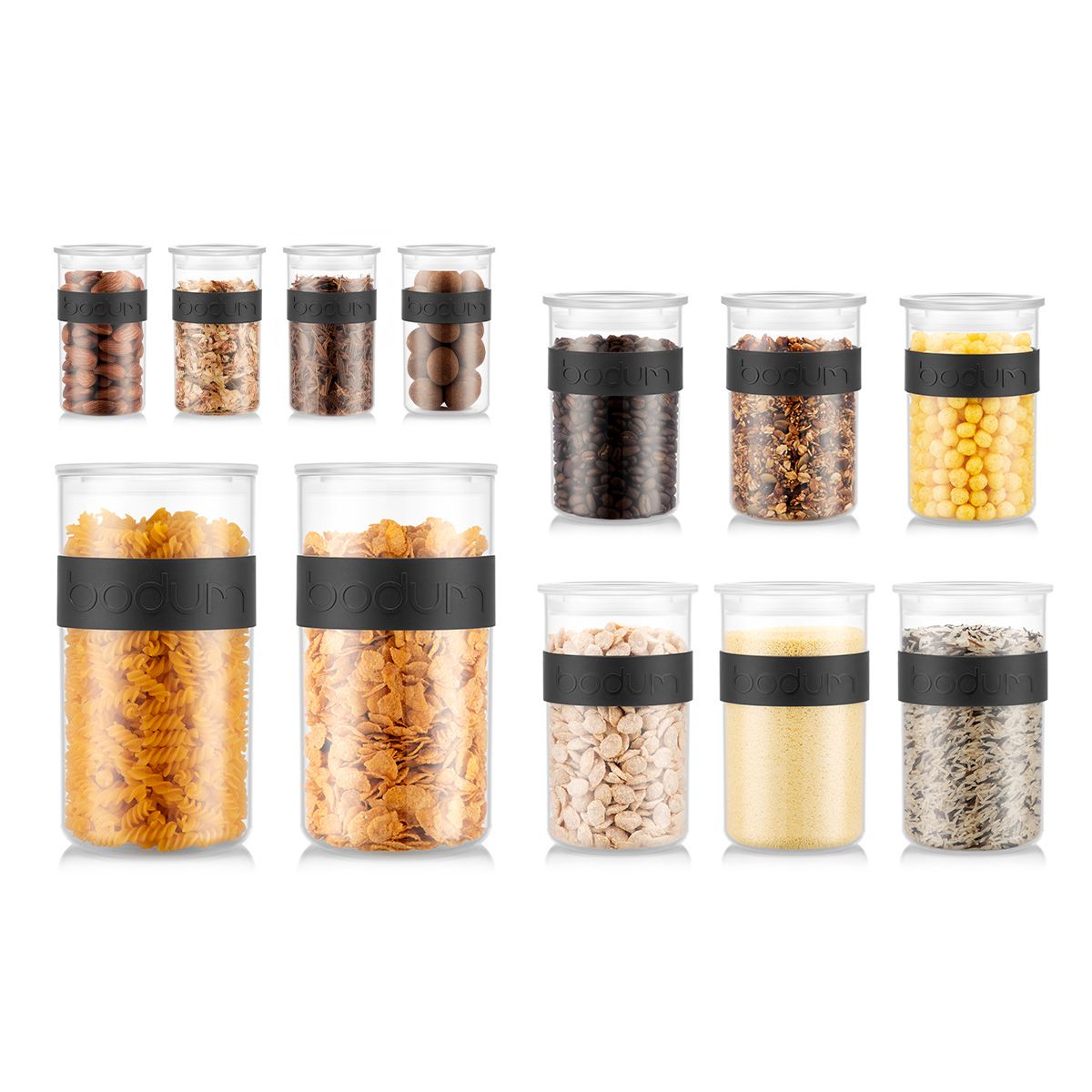 Bodum Presso Lot de 12 bocaux de conservation noir - 4 x 0,25 L / 3 x 0,6 L / 3 x 1 L / 2 x 2 L