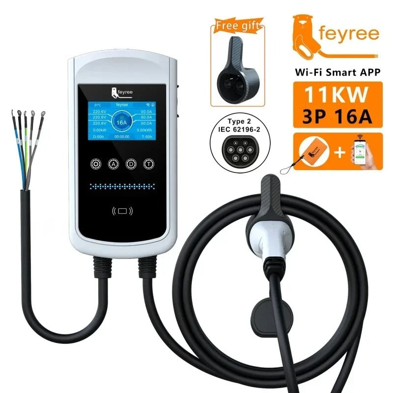 Feyree Station de charge murale EV Type 2, 16 A, 11 kW avec 3 phases, écran 4,3 pouces et contrôle via application