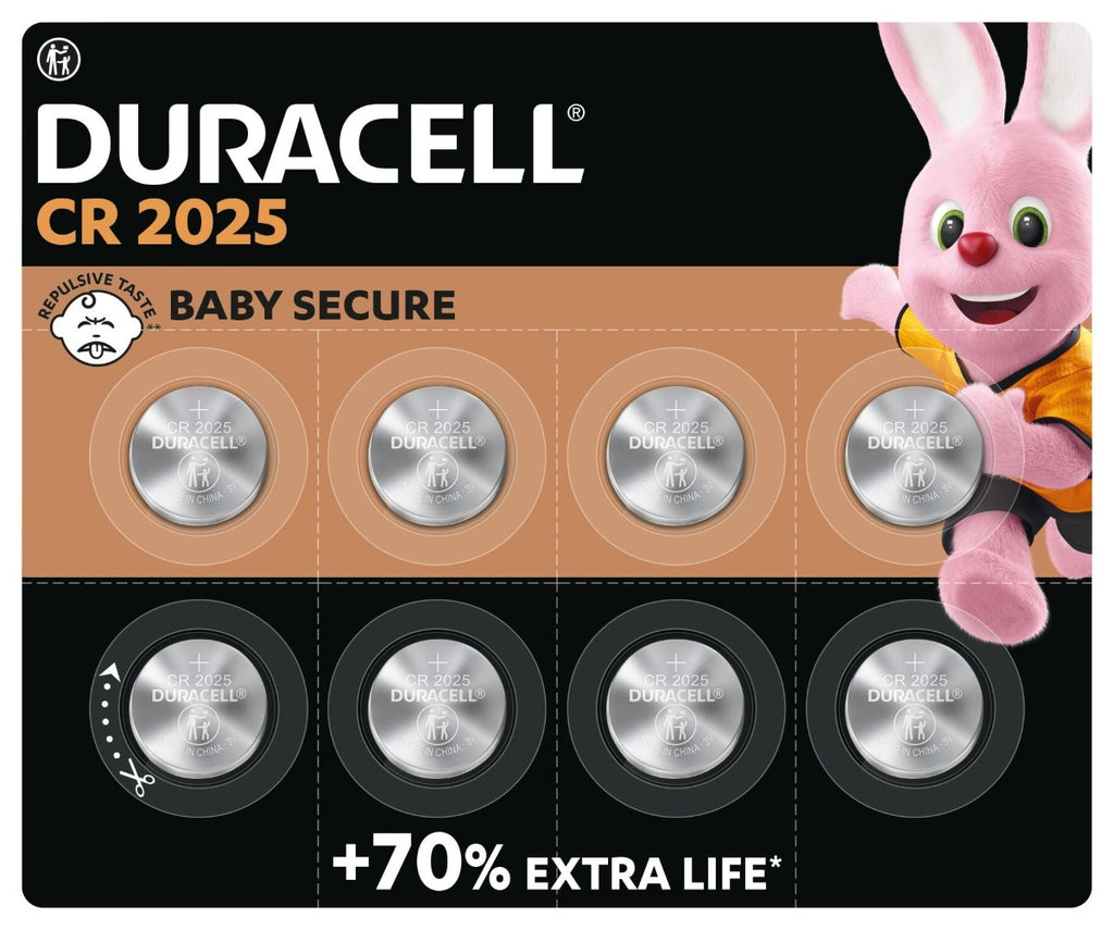 DURACELL CR2016 Lot de 8 piles boutons au lithium 3 V, longue durée garantie, technologie sécurité enfant, pour clés électroniques / télécommandes / montres fitness