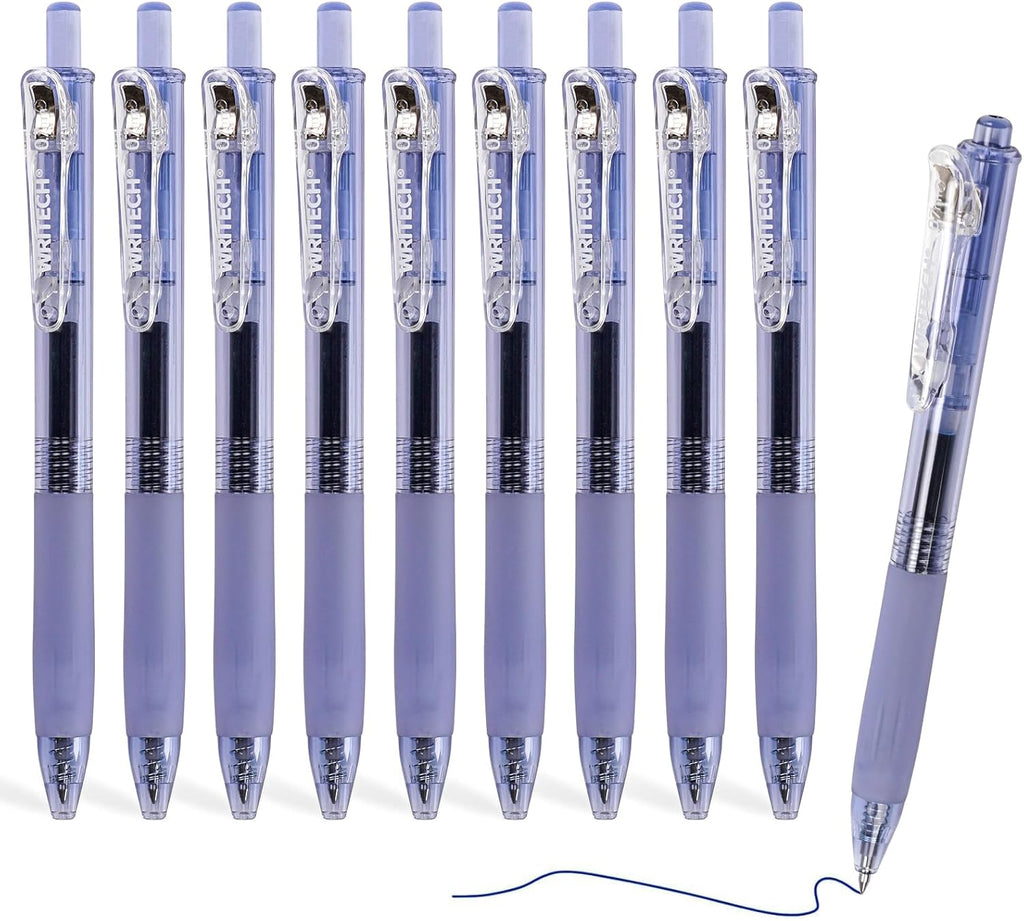 WRITECH Stylos à gel rétractables 0,7 mm, pointe moyenne, encre bleue, pour le journaling, écriture fluide, pointe fine, encre à séchage rapide, sans transfert, lot de 10 pièces