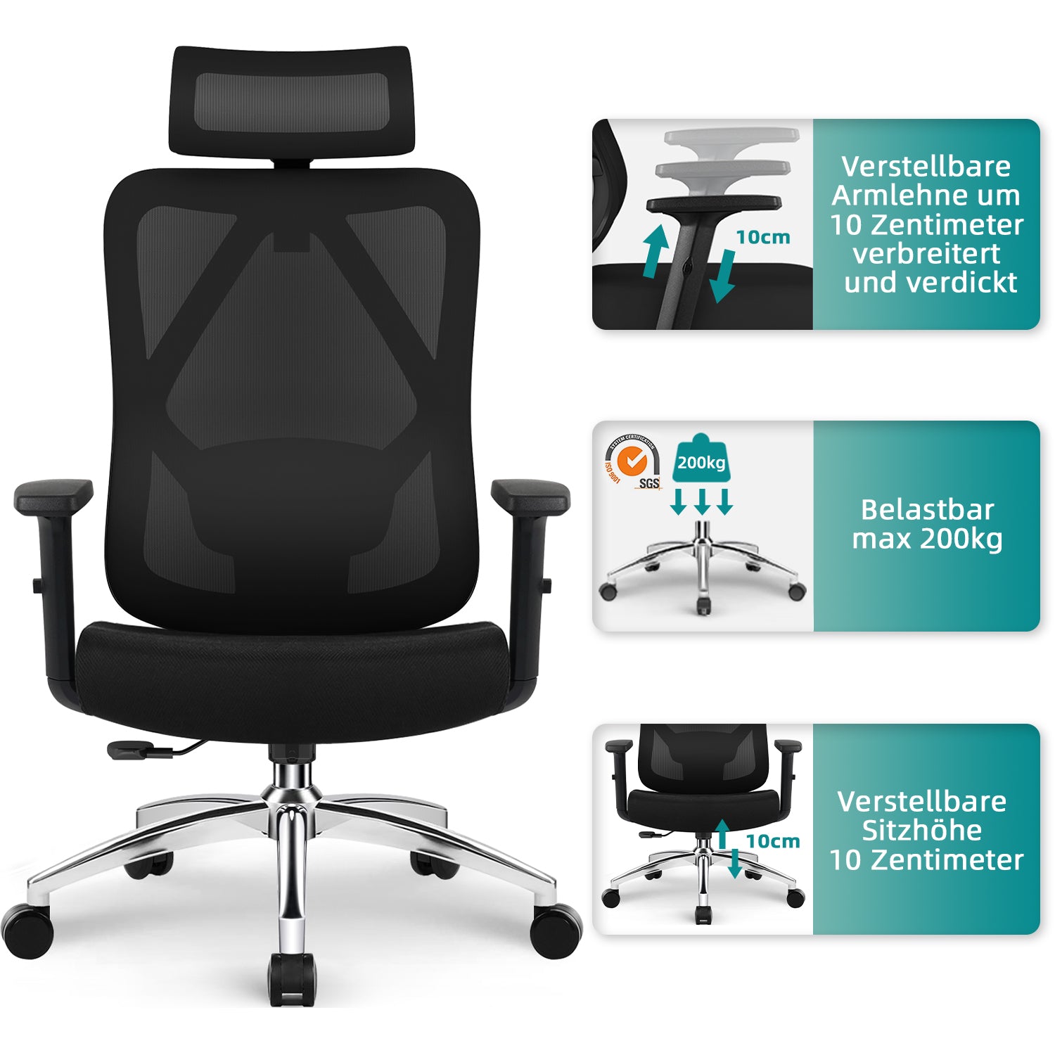 GTIMEX Chaise de bureau ergonomique avec soutien lombaire en mousse à mémoire de forme 3D, fonction bascule jusqu’à 135°, charge maximale 200 kg, maille respirante