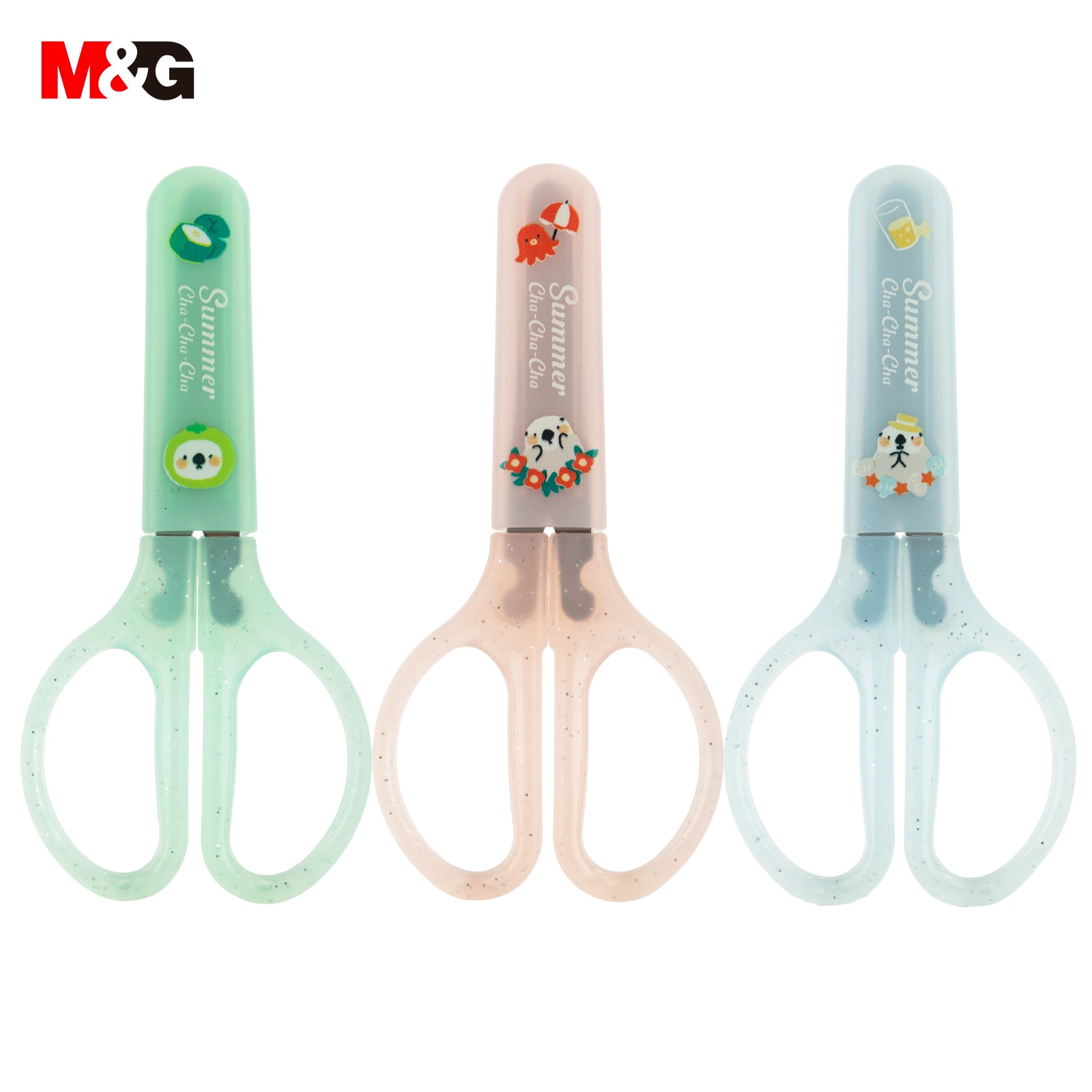M&G Summer Cha-Cha-Cha Lot de 3 paires de ciseaux 120 mm avec capuchon de protection pour loisirs créatifs