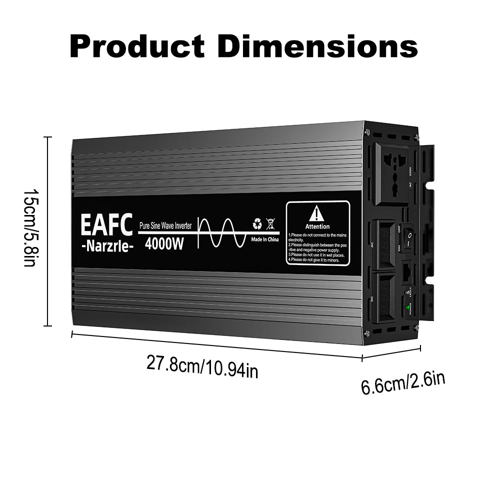 EAFC 4000 W Onduleur de puissance à onde pure (Pic 4000 W / Nominale 2000 W), Convertisseur 12 V CC vers 220 V CA avec double ventilateur de refroidissement intelligent
