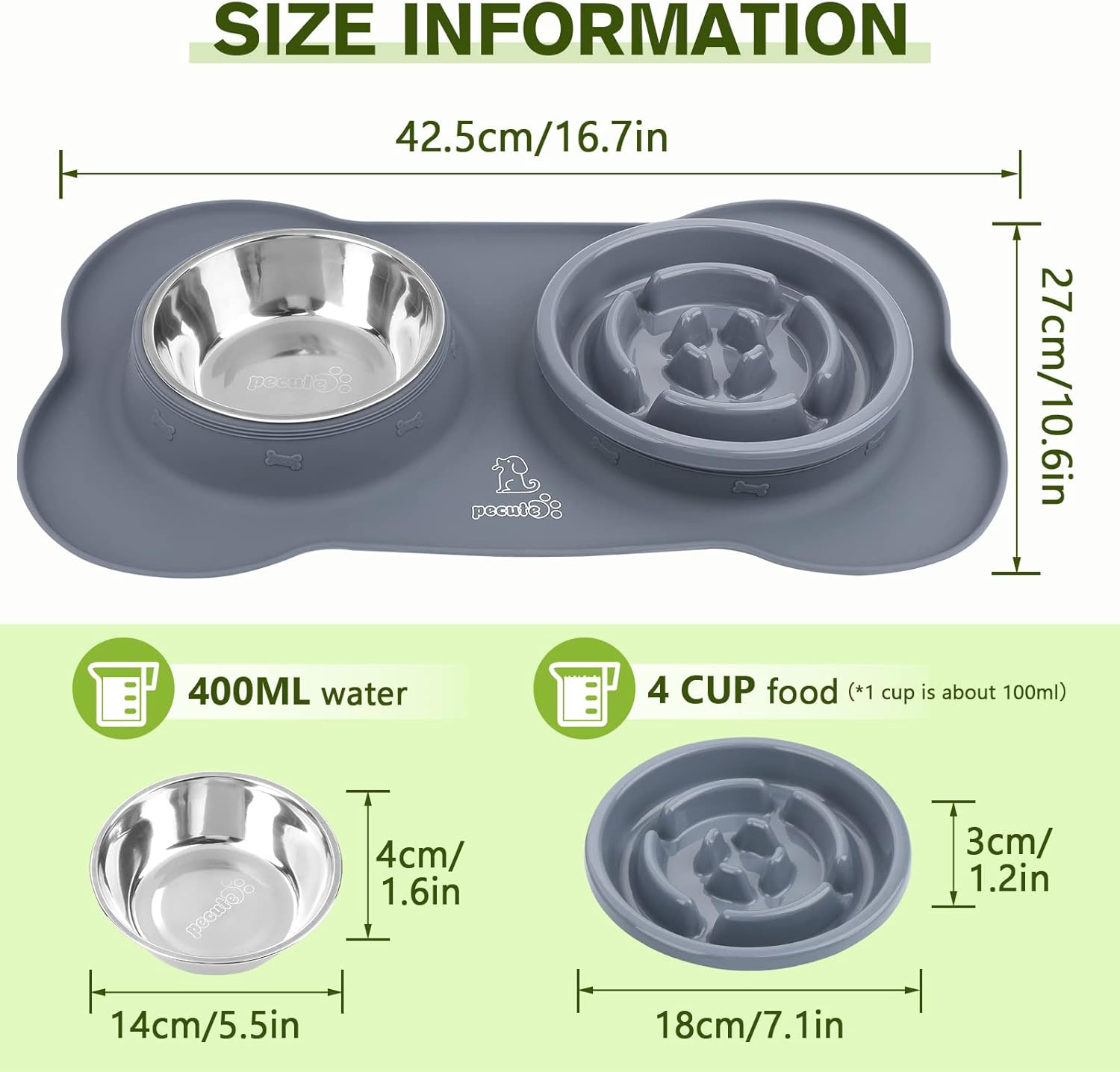Pecute Bol anti-glouton 3 en 1, Bol en acier inoxydable, Bol anti-glouton, Tapis d'alimentation anti-éclaboussures (Taille M) - Bleu