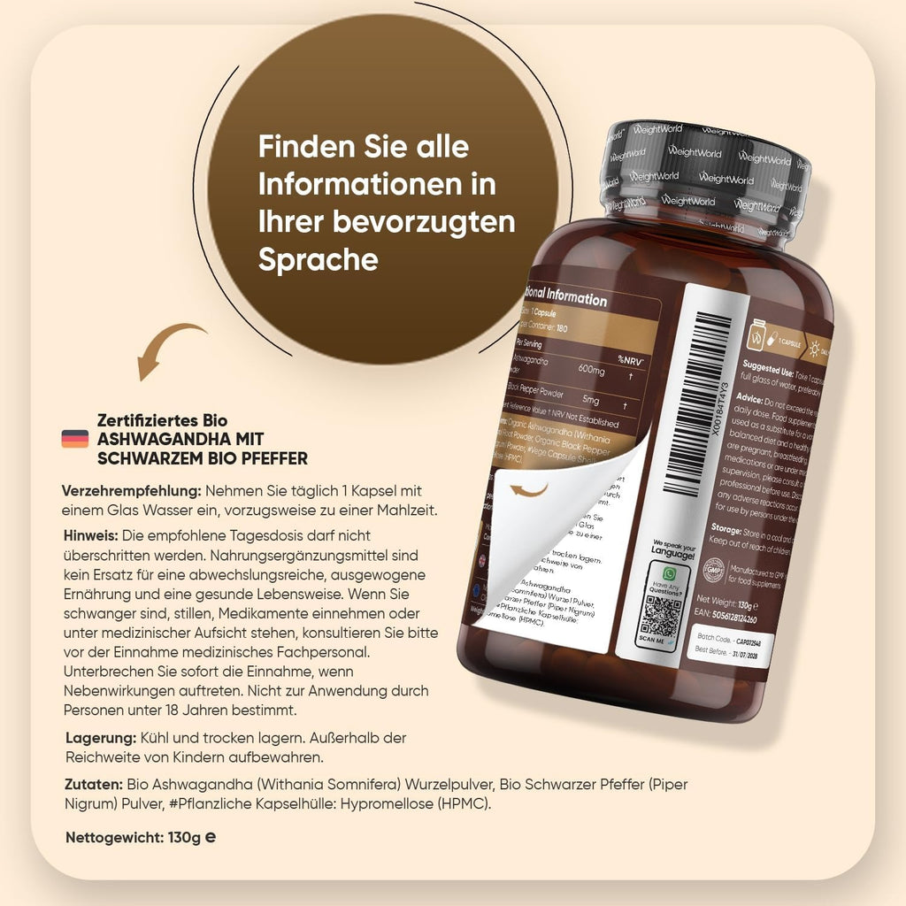 WeightWorld Ashwagandha biologique avec poivre noir 605 mg 180 gélules