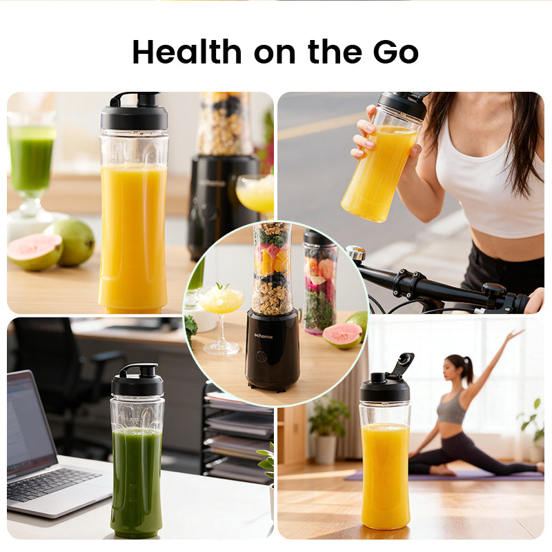 ochama Blender Portable 300W, 600ml Mini Smoothie Maker avec Gourde, Compact pour la Maison, Commande à Une Touche, Glace Pilée, Lames Amovibles, Milkshakes, Jus, Nourriture Bébé, Boissons Fraîches