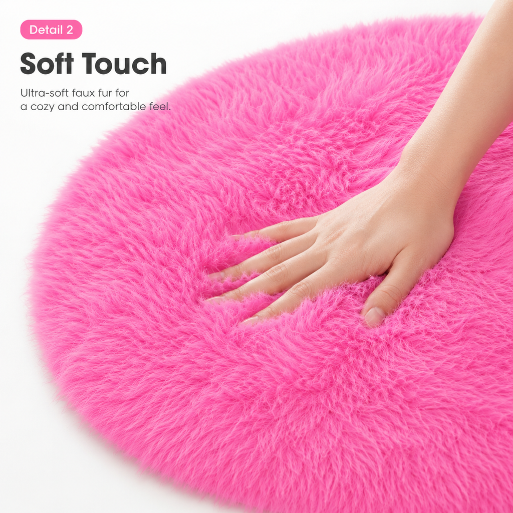 Tapis rond blanc label grand en peluche laine artificielle, 180x180 cm tapis rond shaggy doux, tapis de sol antidérapant pour salon, décoration de chambre (rose)