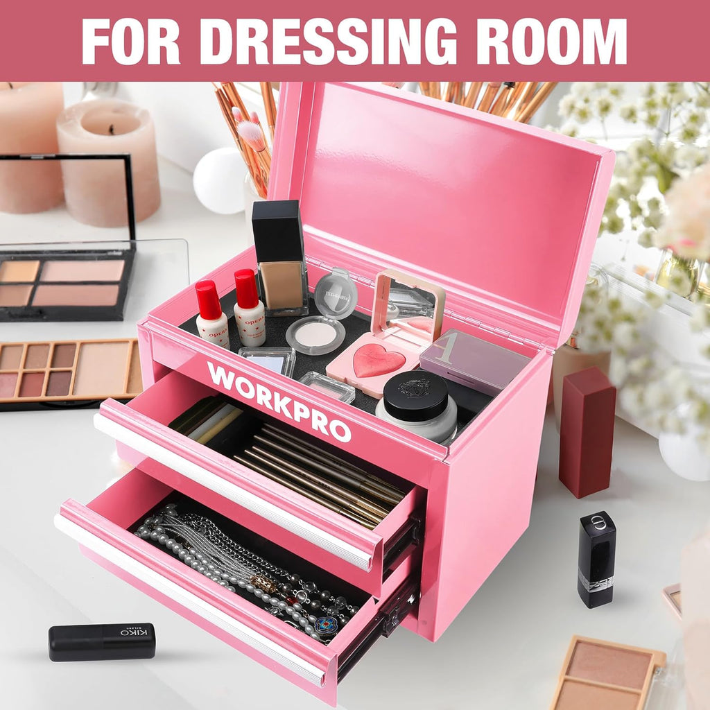 WORKPRO Boîte à tiroirs métallique avec 2 tiroirs et espace de rangement supérieur rose, 27,5 x 15 x 20,8 cm, organisateur de table avec tiroirs pour bureau, vestiaire et poste de travail