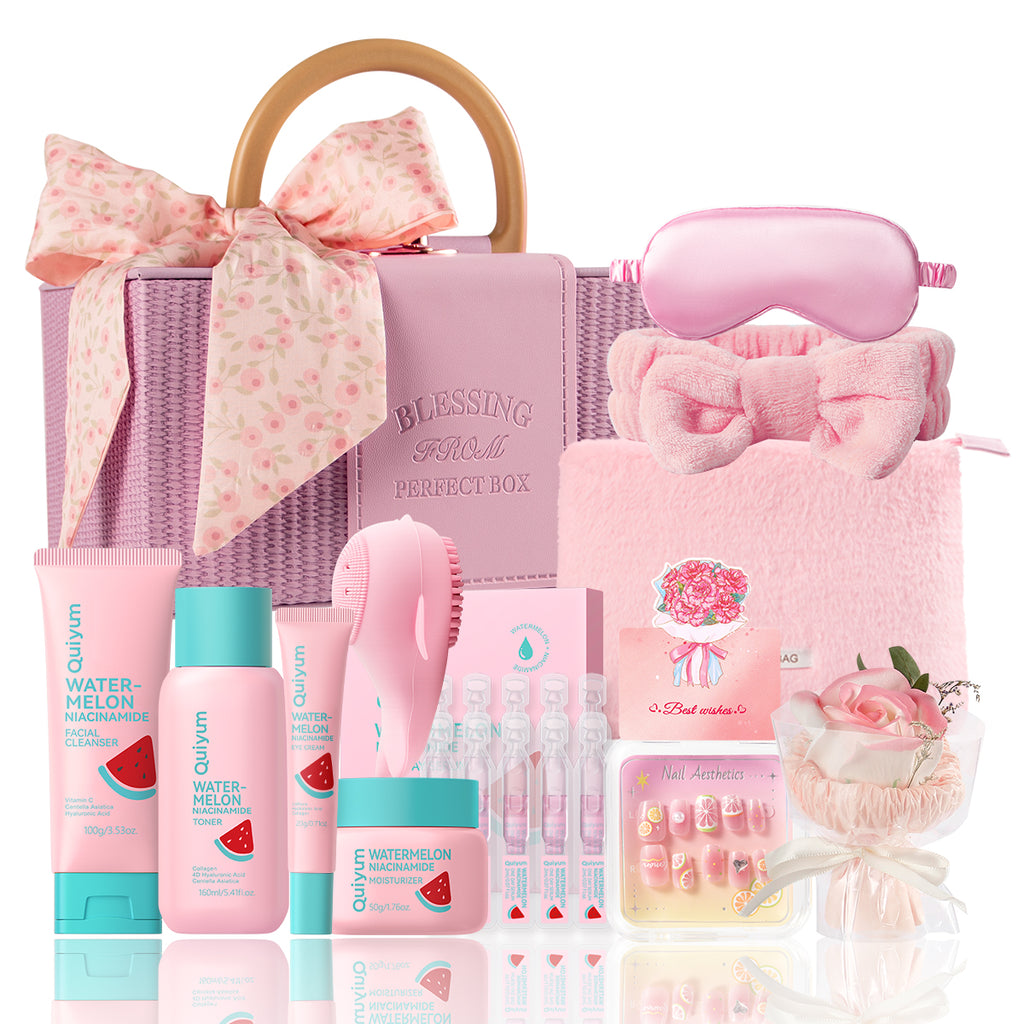 Quiyum Coffret de soins à la pastèque 12 pièces comprenant Nettoyant 100 g, Lotion tonique 160 ml, Sérum 2 ml × 10, Crème contour des yeux 20 g, Crème 50 g, Autocollants pour ongles