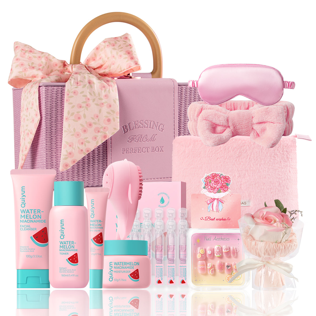 Quiyum Coffret de soins à la pastèque 12 pièces comprenant Nettoyant 100 g, Lotion tonique 160 ml, Sérum 2 ml × 10, Crème contour des yeux 20 g, Crème 50 g, Autocollants pour ongles