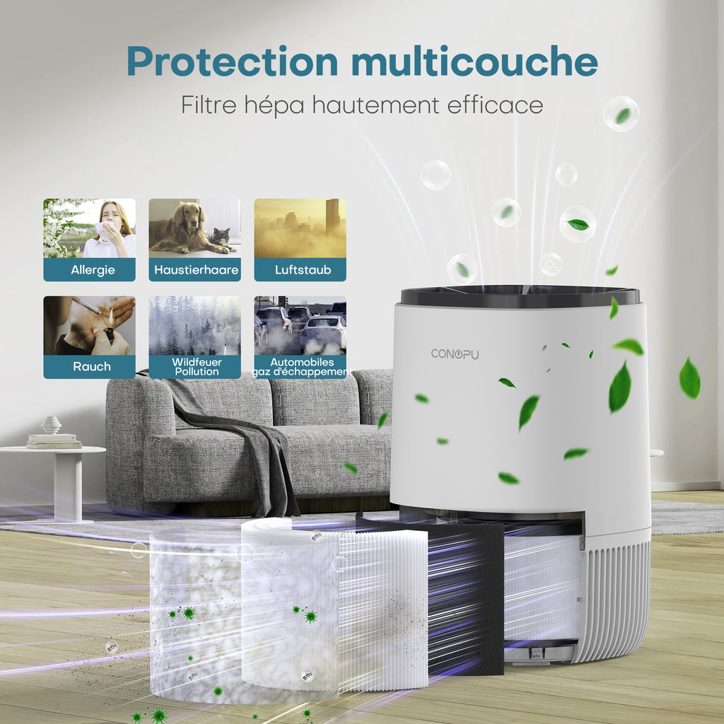 CONOPU Purificateur d'air HEPA avec diffuseur de parfum, 3 modes, minuterie 24 h, élimine fumée / pollen / squames et poils d'animaux, portable pour chambre / salon