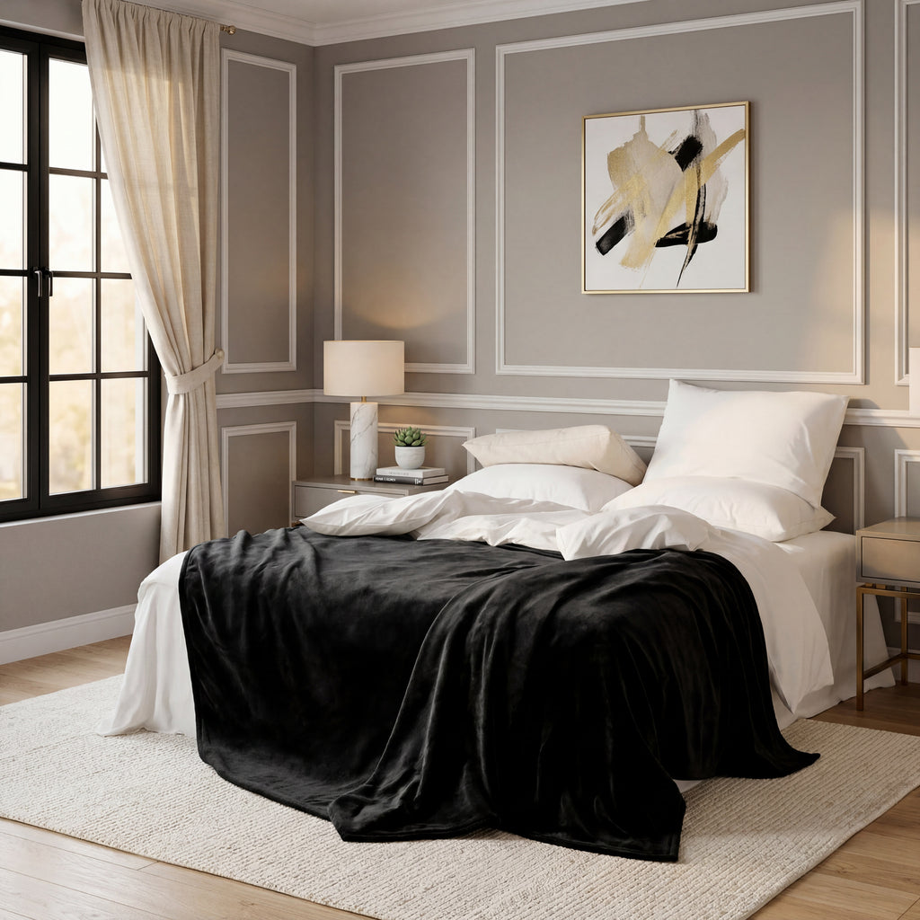 Plaid Polaire Couverture Canapé - Douillette en Microfibre en Flanelle, Douce et Chaude, Jeté de Canapé Grande Taille, XL 150 x 200 cm, Noir, 90% Polyester