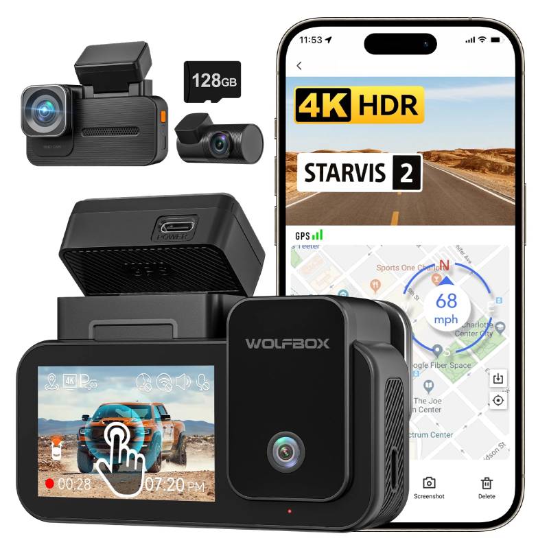 WOLFBOX Caméra embarquée voiture 3 canaux, caméra avant 4K + intérieure 1080P + arrière 2,5K, Wi-Fi 5,8 GHz et GPS, écran tactile, commande vocale