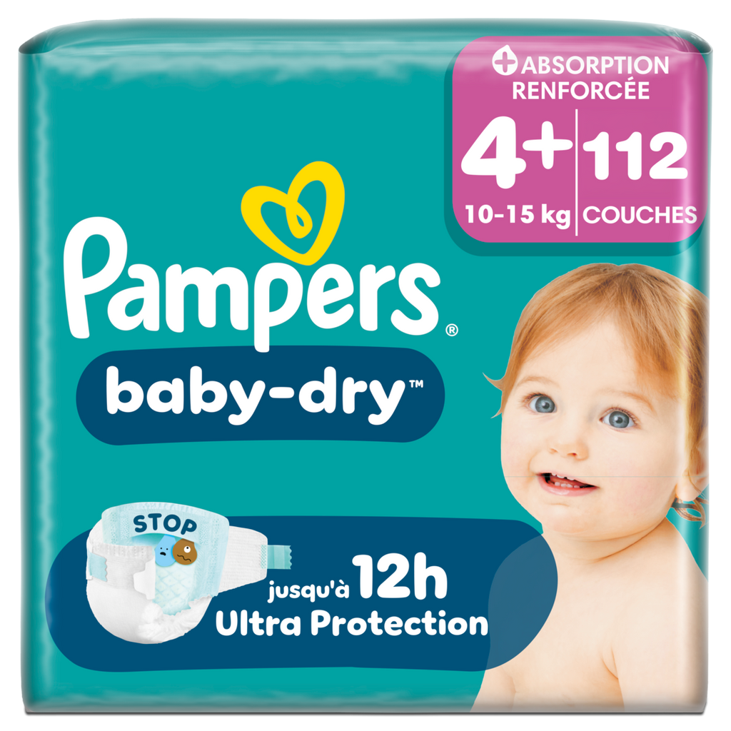 Pampers Baby-Dry, Taille 4+, 112 Couches, 10-15kg, Extra Absorption, Une nuit jusqu'à 100% sans fuites avec la Poche Stop & Protect à l’arrière de la couche