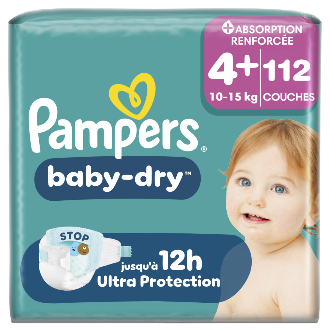 Pampers Baby-Dry, Taille 4+, 112 Couches, 10-15kg, Extra Absorption, Une nuit jusqu'à 100% sans fuites avec la Poche Stop & Protect à l’arrière de la couche