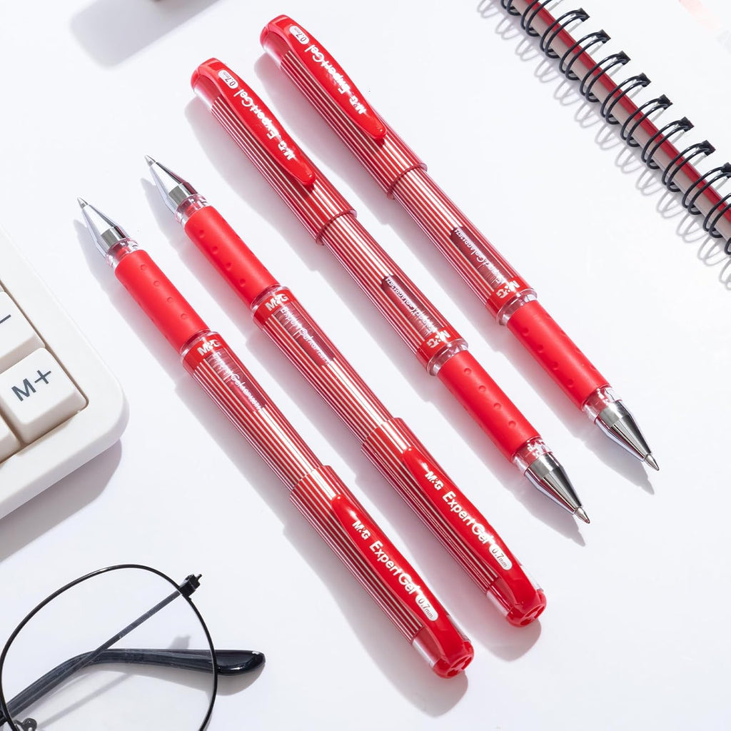 M&G ExpertGel Lot de 12 stylos gel, encre rouge, pointe moyenne 0,7 mm, séchage rapide, écriture fluide, grip antidérapant et capuchon pour bureau et école