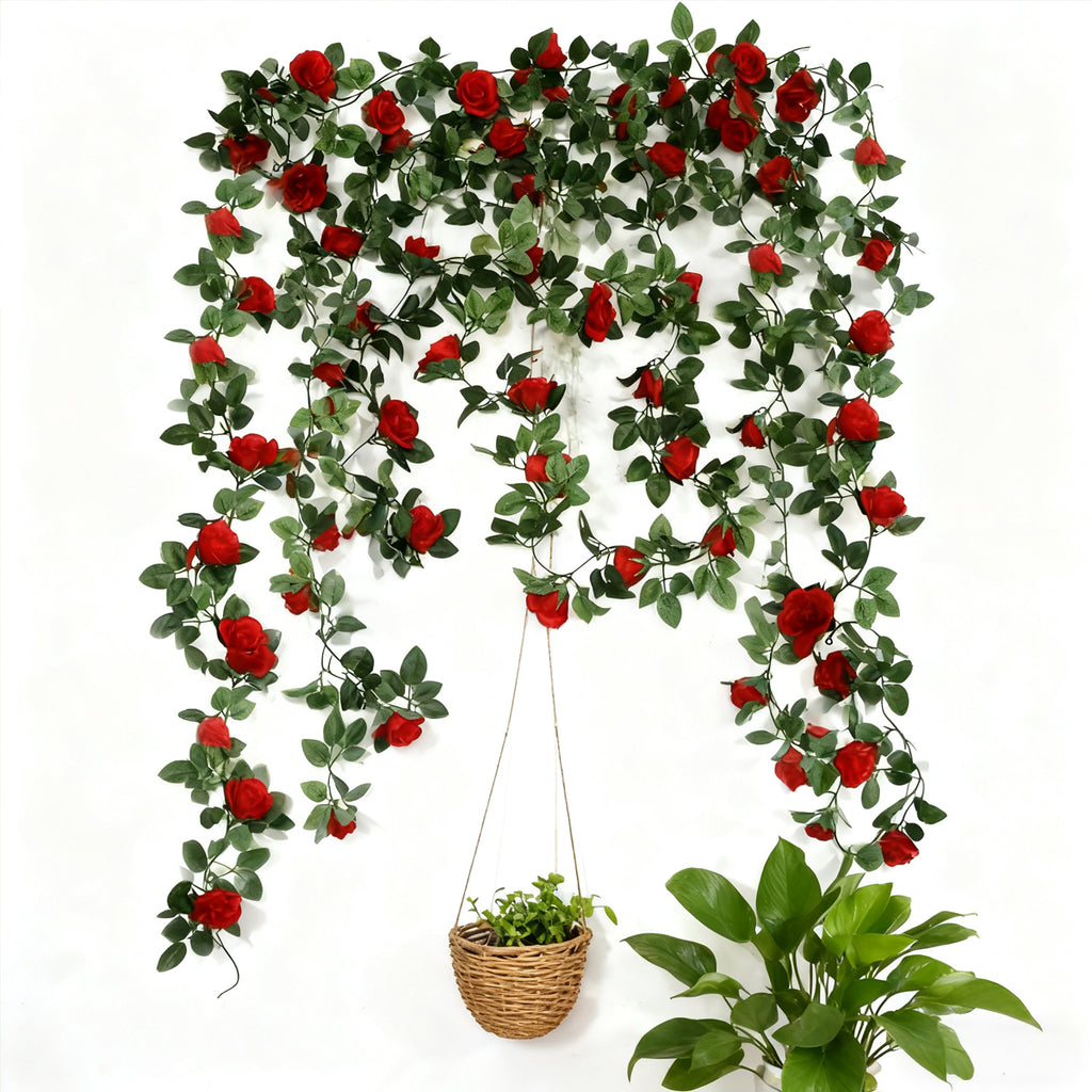 Wei's moment Lot de 2 Guirlandes de roses rouges artificielles, 7,54 ft, Plantes suspendues pour décoration de mariage jardin clôtures fête