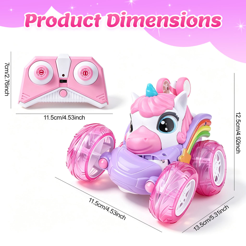 Voiture de Cascade de Licorne Télécommandée pour Enfants, Camion Télécommandé à Rotation de 360 Degrés avec Roues Lumineuses, Cadeau de Voiture Jouet Rechargeable Thème Licorne Rose Violet Mignon pour Petites Filles Âge 3+