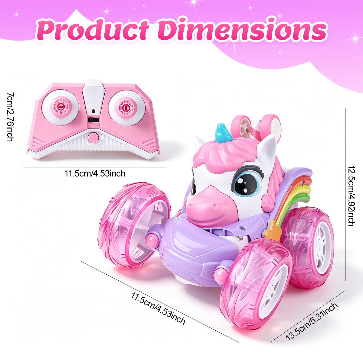 Voiture de Cascade de Licorne Télécommandée pour Enfants, Camion Télécommandé à Rotation de 360 Degrés avec Roues Lumineuses, Cadeau de Voiture Jouet Rechargeable Thème Licorne Rose Violet Mignon pour Petites Filles Âge 3+