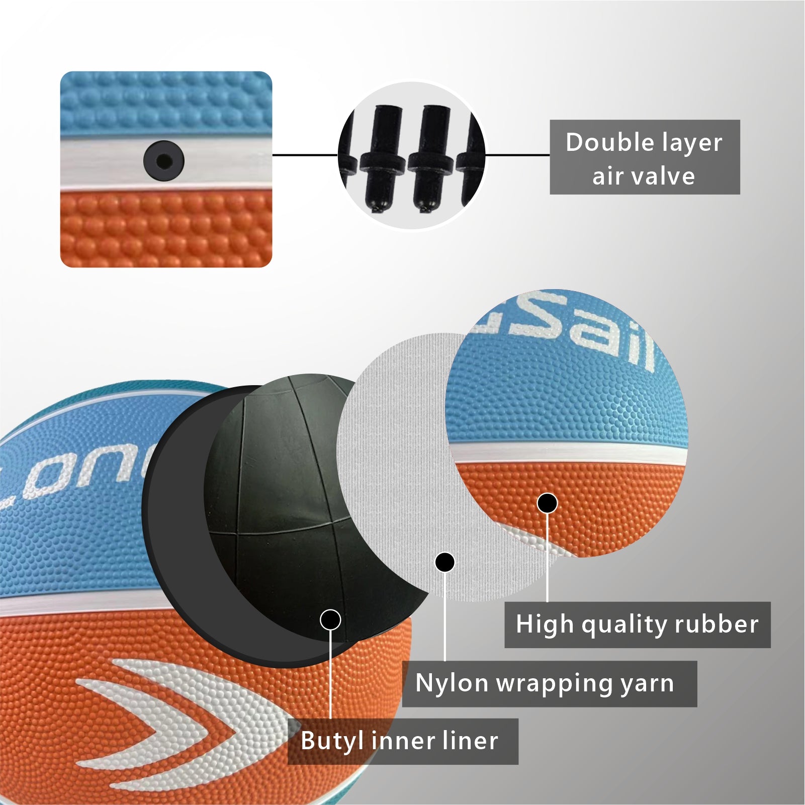 LONGSAIL Ballon de basket en caoutchouc haute qualité 29,5 po Taille 7 Mandarine / Bleu clair / Bleu saphir / Bleu océan profond