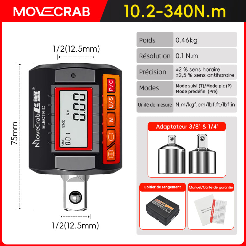 Adaptateur de couple numérique MoveCrab 10,2-340 N.m, entraînement 1/2", incluant des adaptateurs pour 3/8" et 1/4", pour clé dynamométrique électronique