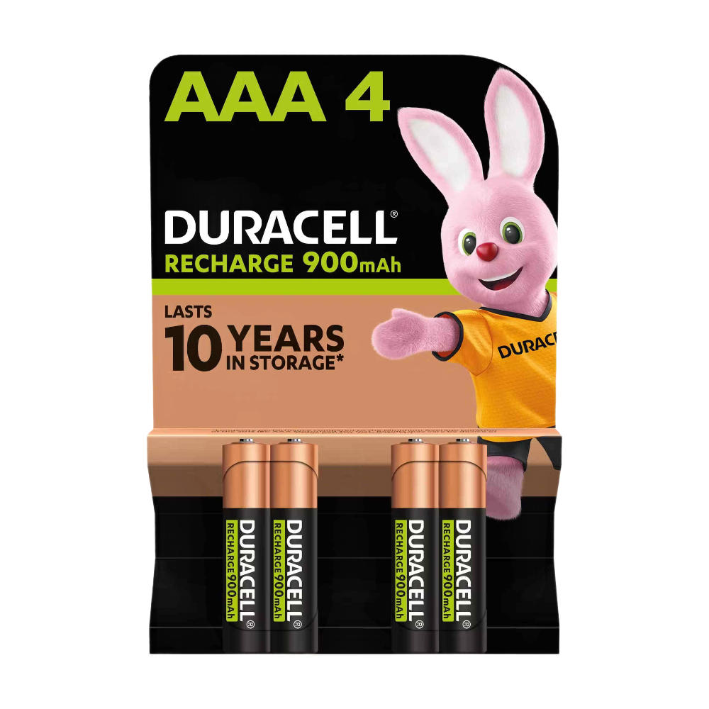 DURACELL Lot de 4 piles AAA rechargeables, 900 mAh, NiMH, pré-chargées