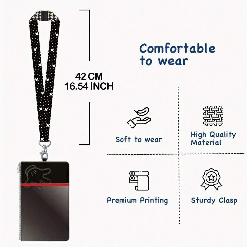 Disney Porte-badge avec tour de cou Mickey Mouse sous licence officielle motif Pied-de-poule Noir 1 pièce