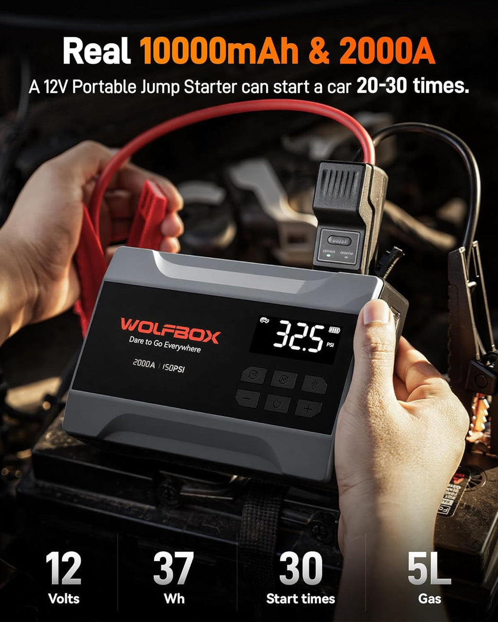 WOLFBOX Booster de démarrage 2000 A avec compresseur d’air, Booster de batterie de voiture portable 37 Wh (jusqu’à moteur essence 5 L) avec gonfleur de pneus 150 PSI