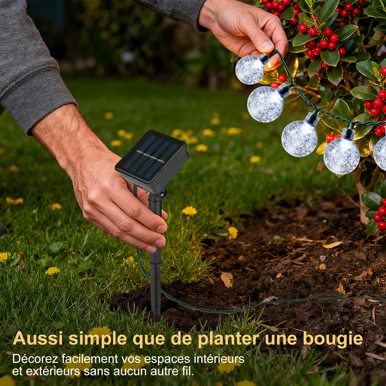 VIVREAL Guirlande lumineuse solaire à boules bulles – 11 m (36 pi) 60 LED Blanc froid, étanche, guirlande lumineuse décorative solaire d’extérieur pour jardin