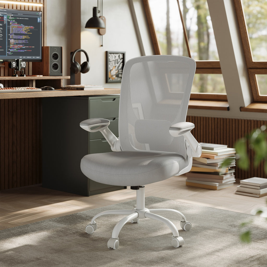JOYFURNOS Chaise de bureau ergonomique pivotante en mesh, accoudoirs pliants, gris clair