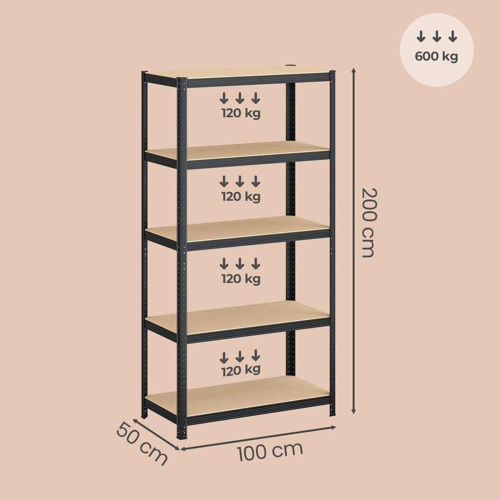JOYFURNOS Étagère à 5 niveaux, Étagère en acier pour rangement, Montage sans outils, Pour garage, abri, Capacité de charge 600 kg, 50 x 100 x 200 cm, Noir