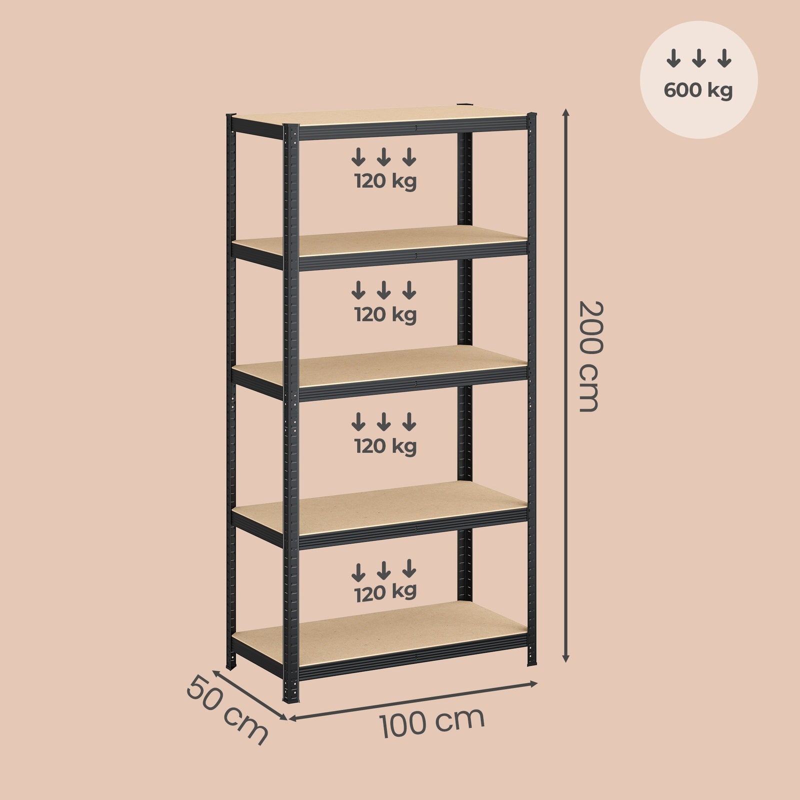 JOYFURNOS Étagère à 5 niveaux, Étagère en acier pour rangement, Montage sans outils, Pour garage, abri, Capacité de charge 600 kg, 50 x 100 x 200 cm, Noir