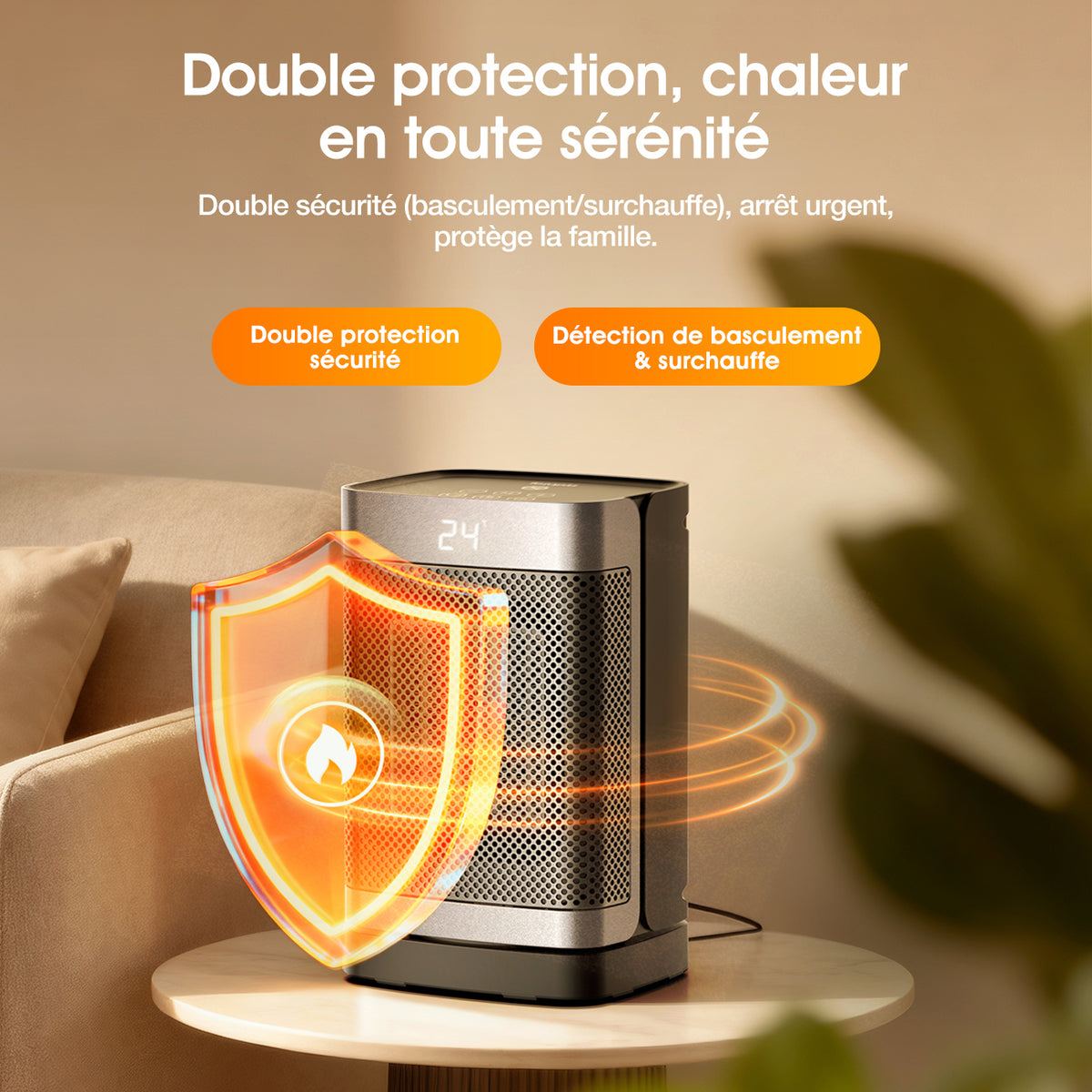 Totopia Chauffage électrique PTC 1500 W avec 2 modes de chauffage, Minuterie 12 h, Protection anti-basculement et anti-surchauffe, Chauffage d’appoint pour chambre, bureau