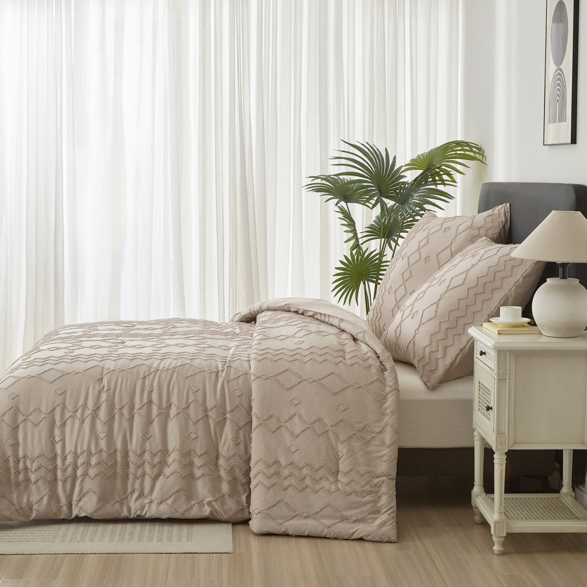 MEEALLHOME Parure de lit tuftée marron - 1 housse 260 x 240 cm et 2 taies 65 x 65 cm