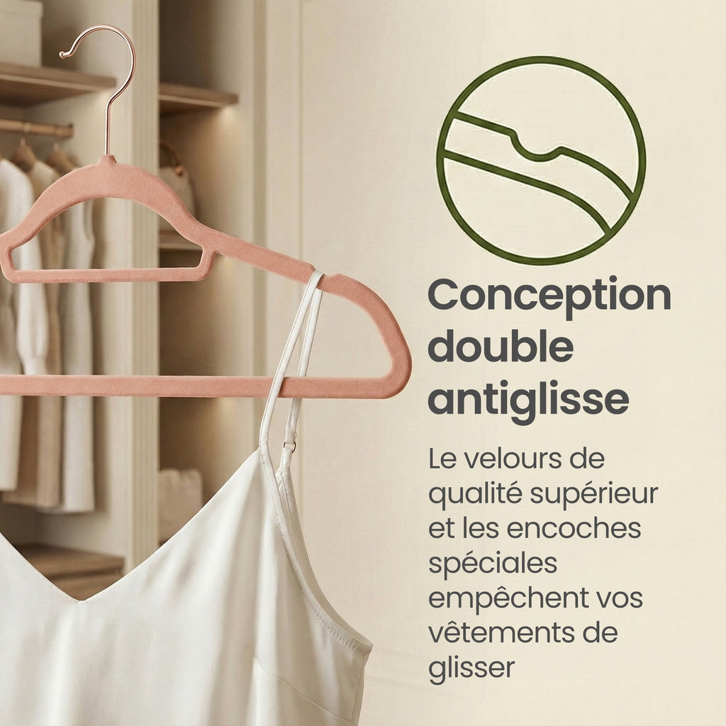 JOYFURNOS Lot de 50 cintres en velours de luxe – Or Rosé & Rose Clair, longueur 43,5 cm, ultra-fin 0,6 cm – antidérapants, gain de place