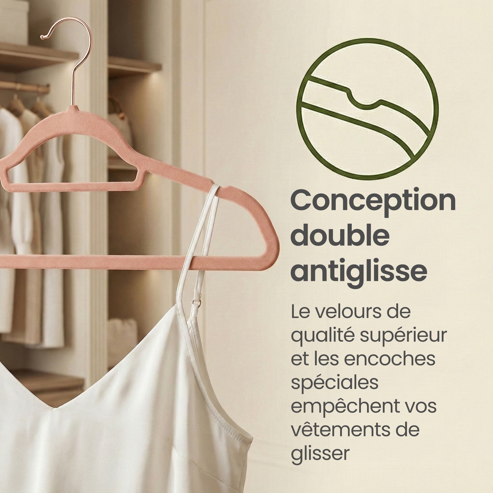 JOYFURNOS Lot de 50 cintres en velours de luxe – Or Rosé & Rose Clair, longueur 43,5 cm, ultra-fin 0,6 cm – antidérapants, gain de place