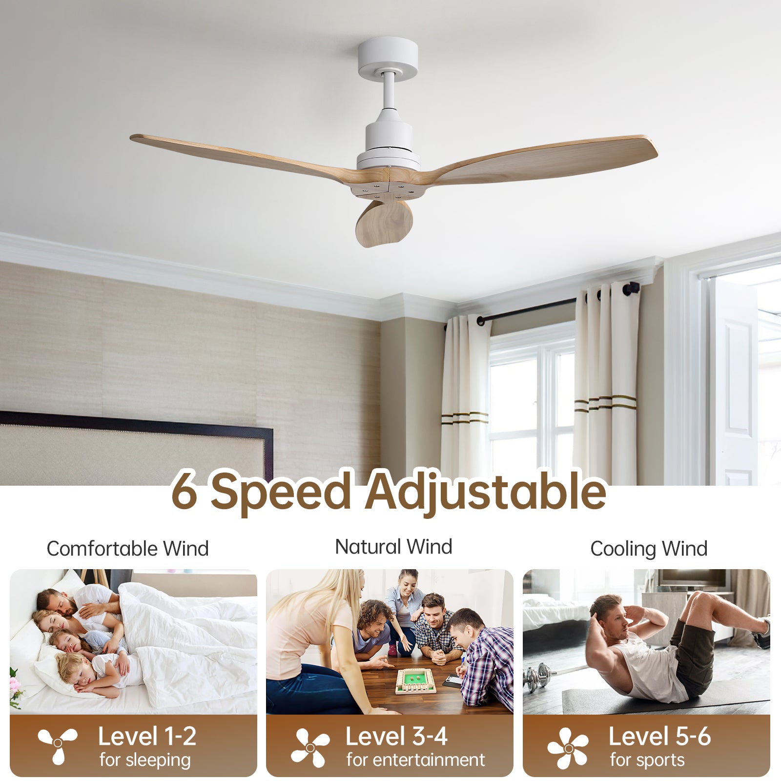 Sofucor 52K076 52 pouces Ventilateur de plafond à tige blanche sans lumière avec pales en bois