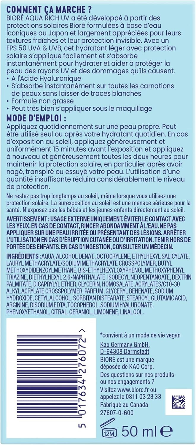 BIORE Aqua Rich UV Light Crème Visage SPF50 - 50 ml