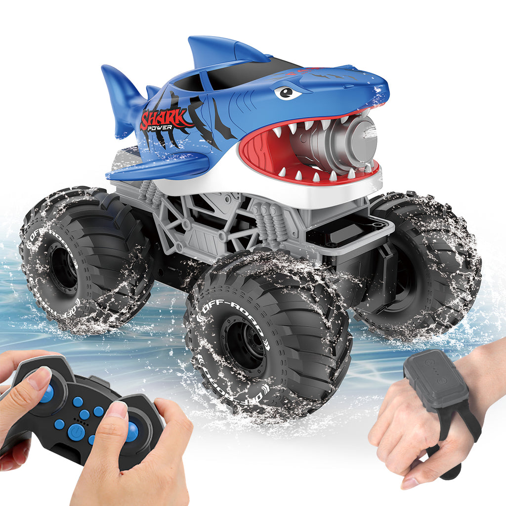 Jouet de monster truck télécommandé Shark, véhicule tout-terrain RC avec brume, lumières LED et commande gestuelle, voiture de requin nageur Big-Foot, véhicule jouet Big-Foot rechargeable. Cadeau pour garçons et enfants, convient aux garçons de 3 ans