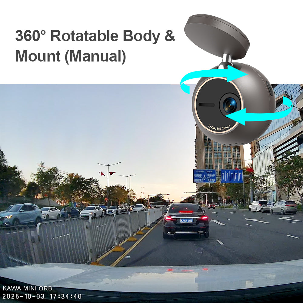 KAWA Dashcam 2K avec commande vocale, mini caméra sphérique avant, support rotatif à 360°, Wi-Fi intégré et application, capteur G, moteur NightEagle