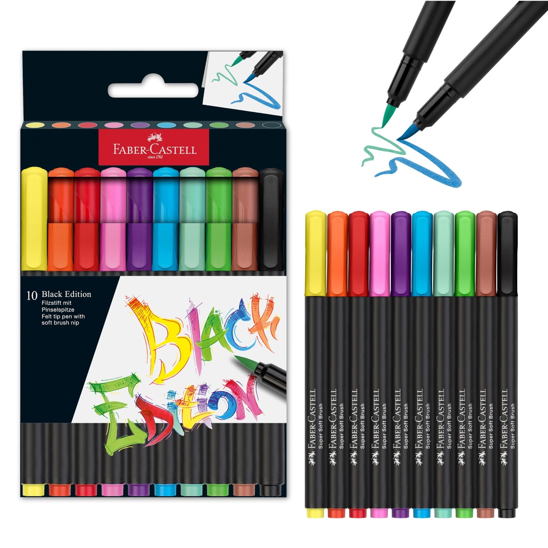 Faber-Castell Black Edition, marqueurs à pinceau, 10 pièces dans un étui en carton